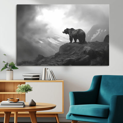 49504-MGV-CV-36X24-Black and White Grizzly Bear Wall Art – Wilderness Wildlife Painting, Rustic Mountain Cabin Decor, Monochrome Animal Print for
