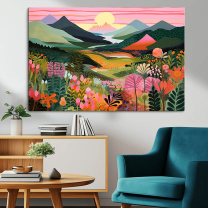99638-MGV-CV-36X24-Sunset Meadow Wall Art – Panoramic Mountain Landscape with Wildflowers Canvas Print, Vibrant Nature Decor for Living Room, Bedroom
