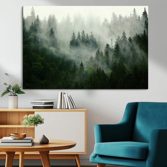 167720496-MGV-CV-36X24-Misty Forest Wall Art – Serene Evergreen Trees Canvas Print, Foggy Mountain Nature Landscape Decor for Bedroom, Living Room or