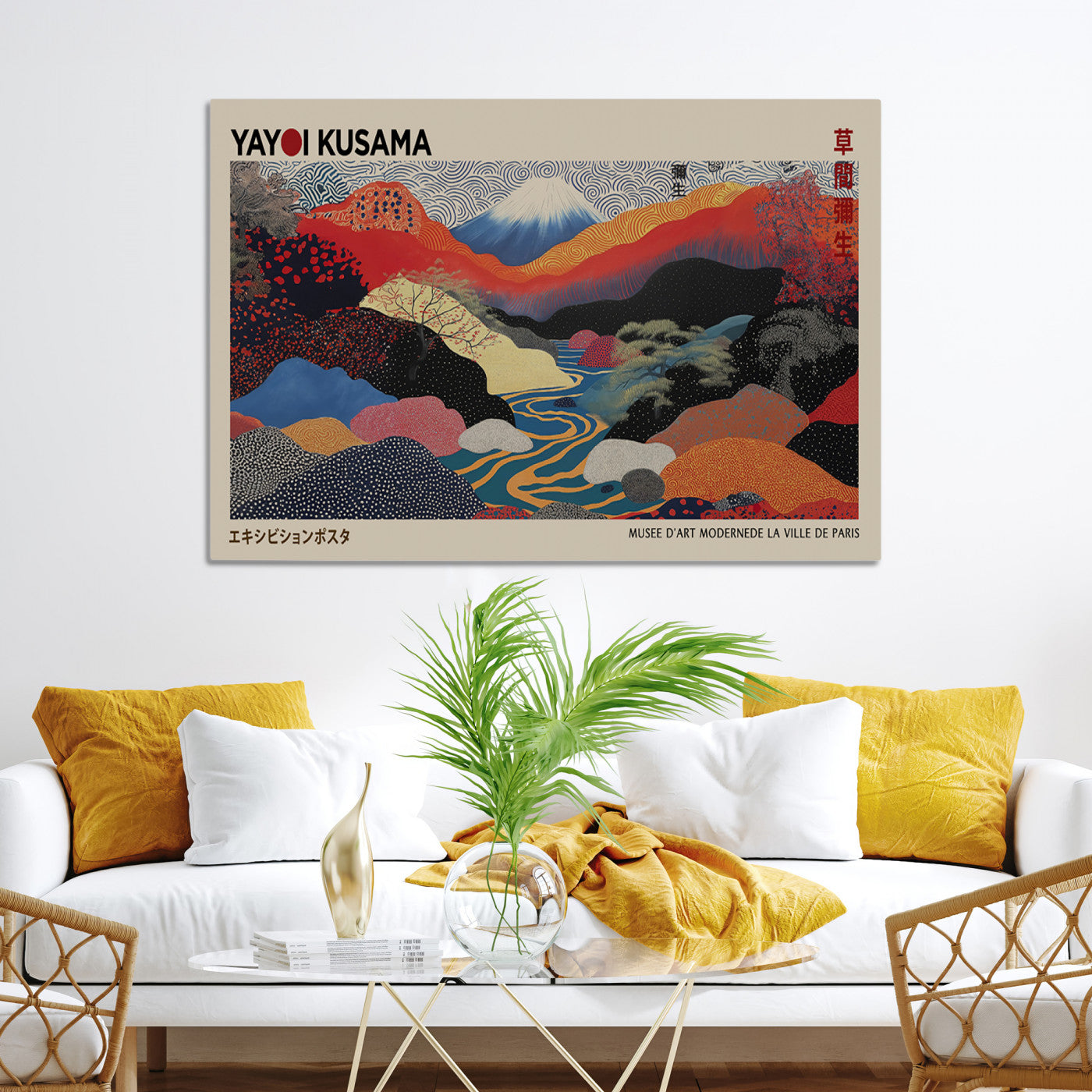 49228-MGV-FC-93X47-3P_Black-Kusama Wall Art – Vibrant Japanese Landscape Canvas Print, Modern Abstract Mountain and River Decor for Living Room, Office or Art