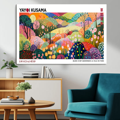 75201-MGV-CV-36X24-Yayoi Kusama Floral Wall Art – Vibrant Abstract Landscape Canvas Print, Modern Pop Art Poster for Living Room, Bedroom, or Gallery