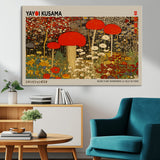 38013-MGV-CV-36X24-Yayoi Kusama Inspired Mushroom Garden Wall Art – Whimsical Botanical Canvas Print, Surreal Nature Poster, Fantasy Floral Artwork