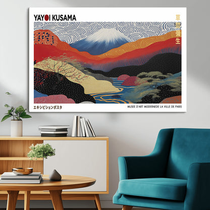 14839-MGV-CV-36X24-Yayoi Kusama Wall Art – Panoramic Mountain & River Canvas Print, Modern Abstract Japanese Landscape Decor for Living Room or