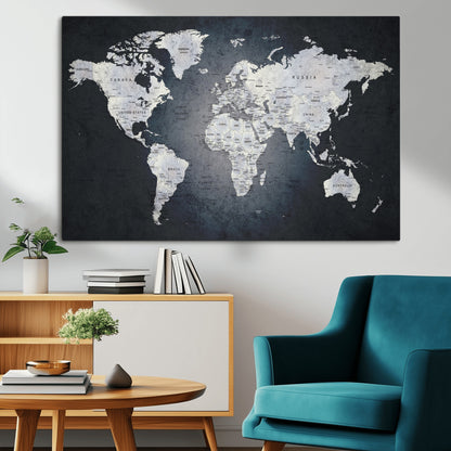 19124-MGV-CV-36X24-Modern World Map Wall Art – Black and White Canvas Print, Minimalist Global Map Decor for Office, Study, Bedroom or Living Room