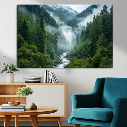 69453-MGV-CV-36X24-Mountain Forest Wall Art – Misty River and Evergreen Landscape Canvas Print, Nature Photography Poster for Living Room, Bedroom,