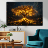 60194-MGV-CV-36X24-Glowing Tree Wall Art – Golden Roots Fantasy Canvas Print, Mystical Illuminated Tree Painting Poster for Living Room, Bedroom,
