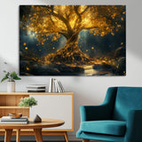 92739-MGV-CV-36X24-Glowing Tree Wall Art – Enchanted Golden Forest Canvas Print, Mystical Illuminated Nature Painting Poster for Living Room,