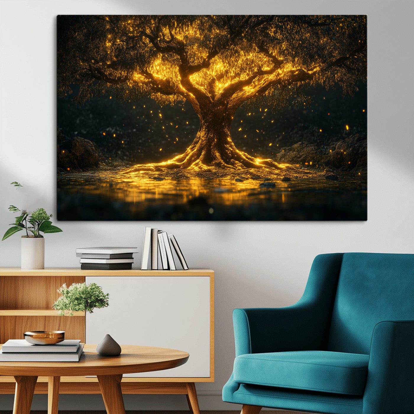59580-MGV-CV-36X24-Glowing Tree Wall Art – Golden Fantasy Nature Canvas Print, Mystical Illuminated Tree Painting Poster for Living Room, Bedroom,
