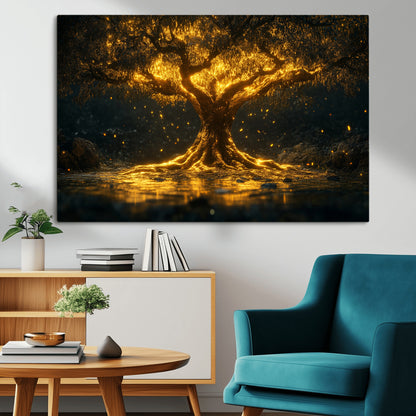 59580-MGV-CV-36X24-Glowing Tree Wall Art – Golden Fantasy Nature Canvas Print, Mystical Illuminated Tree Painting Poster for Living Room, Bedroom,