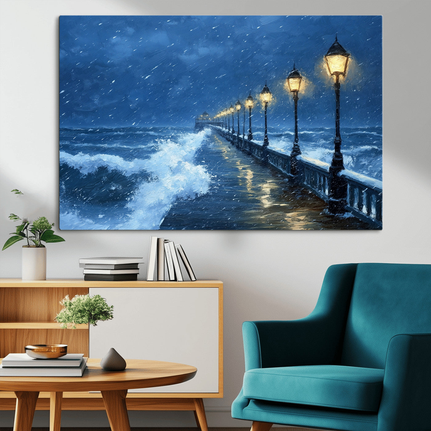 32668-MGV-CV-36X24-Stormy Pier Wall Art – Ocean Waves and Street Lamps Canvas Print, Rainy Night Seascape Oil Painting Poster for Living Room,