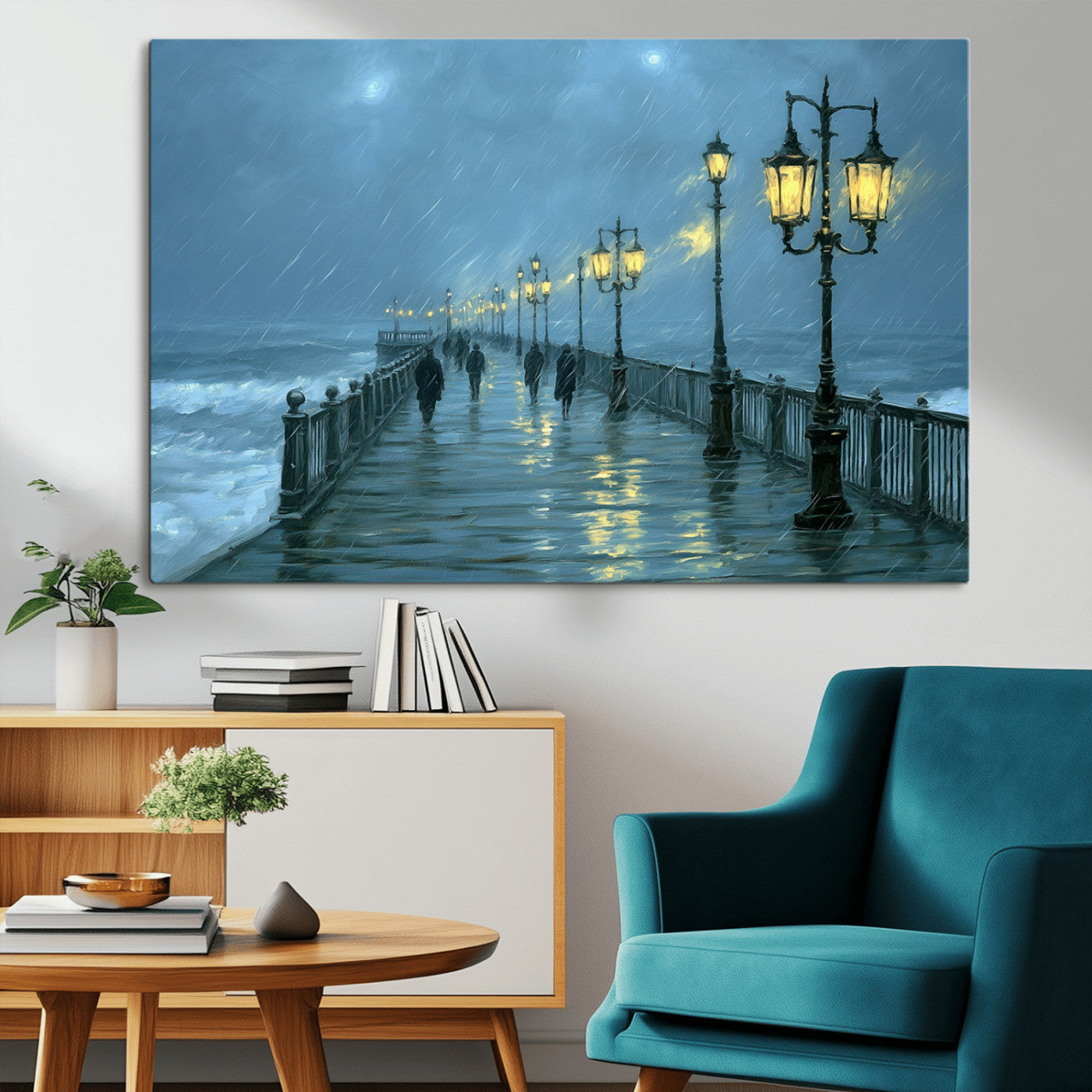 79606-MGV-CV-36X24-Rainy Pier Night Wall Art – Ocean Waves and Street Lamps Canvas Print, Moody Seascape Oil Painting Poster for Living Room,