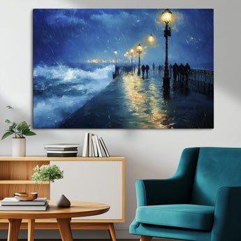 94571-MGV-CV-36X24-Seaside Night Wall Art – Ocean Waves and Street Lamps Canvas Print, Rainy City Pier Oil Painting Poster for Living Room, Bedroom,