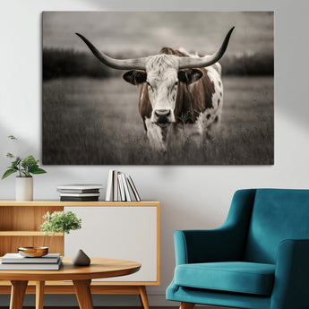 69238-MGV-CV-36X24-Longhorn Bull Wall Art – Rustic Black and White Texas Cattle Canvas Print, Western Farmhouse Animal Photography for Living Room,