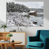 94285-MGV-CV-36X24-Snowy Cabin Wall Art Canvas Print, Framed Winter Cabin Art Picture Print, Mountain Lake Perfect Snowy Nature Decor Artwork