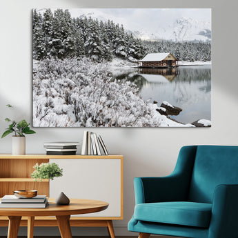 94285-MGV-CV-36X24-Snowy Cabin Wall Art Canvas Print, Framed Winter Cabin Art Picture Print, Mountain Lake Perfect Snowy Nature Decor Artwork