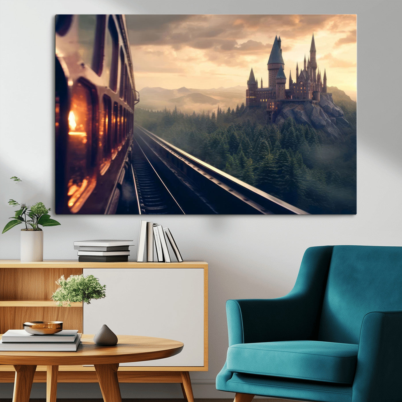 84029-MGV-CV-36X24-Fantasy Castle Wall Art – Magical Train Sunset Forest Canvas Print, Enchanted Landscape Painting Poster for Living Room, Bedroom,
