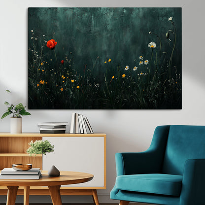 26218-MGV-CV-36X24-Wildflower Wall Art – Dark Botanical Floral Canvas Print, Modern Nature Painting Poster with Daisy Poppy Yellow Flowers for Living