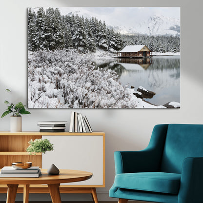 29975-MGV-CV-36X24-Winter Cabin by the Lake Wall Art – Snowy Mountain Landscape Canvas Print, Rustic Lodge Cabin Decor for Cozy Living Room, Bedroom