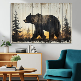 83875-MGV-CV-36X24-Sunset Bear Wall Art – Rustic Wildlife Canvas Print with Forest Silhouette, Cabin Lodge Decor for Living Room or Office