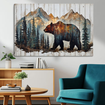 55777-MGV-CV-36X24-Rustic Bear Wall Art Canvas Print, Framed Mountain and Forest Art Picture Print, Wooden Bear Perfect Rustic Lodge Decor Artwork