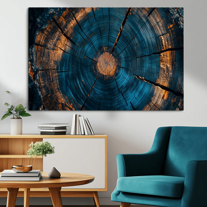 65231-MGV-CV-36X24-Blue and Gold Tree Ring Wall Art – Rustic Abstract Wood Slice Canvas Print, Modern Nature Inspired Artwork for Living Room,