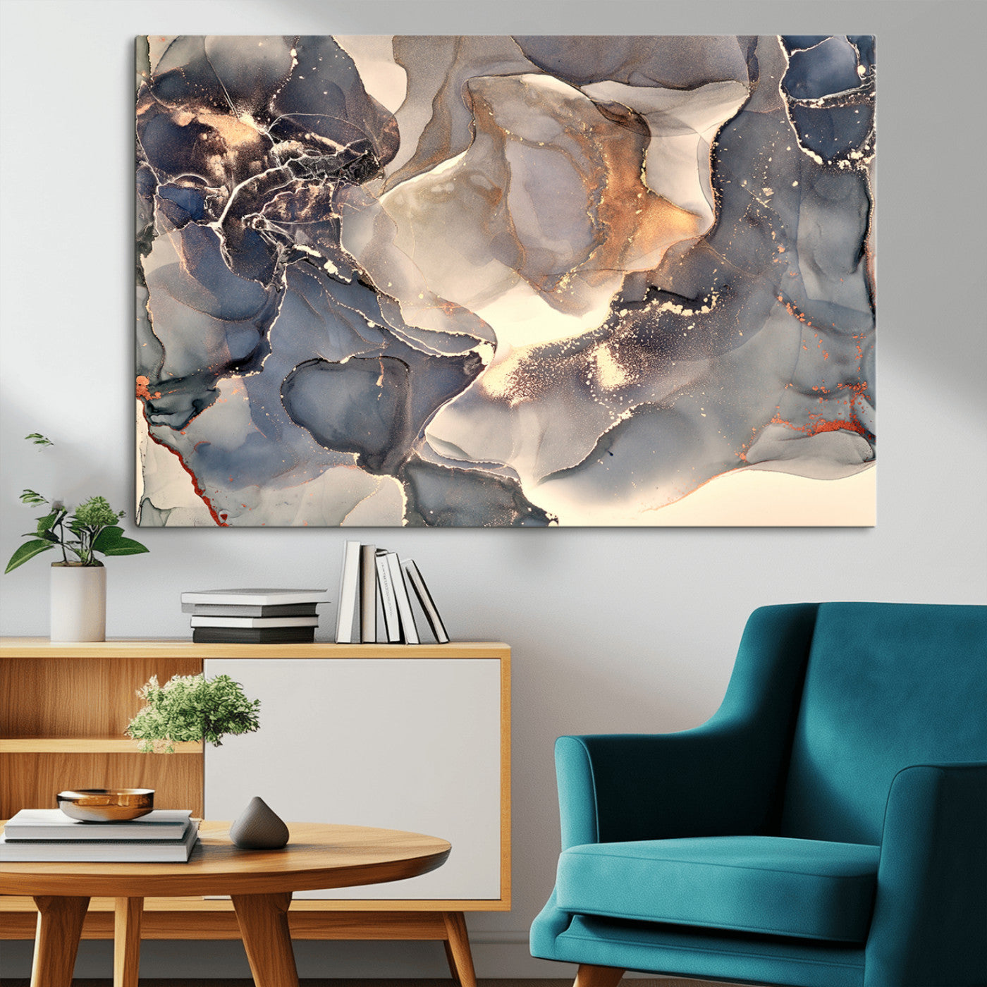 18202-MGV-CV-36X24-Abstract Neutral Wall Art – Blue, Beige and Gold Fluid Ink Canvas Print, Modern Minimalist Painting for Living Room, Office