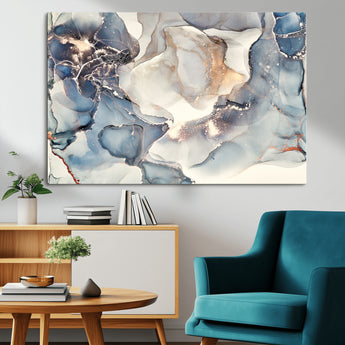 51497-MGV-CV-36X24-Abstract Blue and Gold Wall Art – Modern Fluid Ink Style Canvas Print, Elegant Contemporary Decor for Living Room, Office