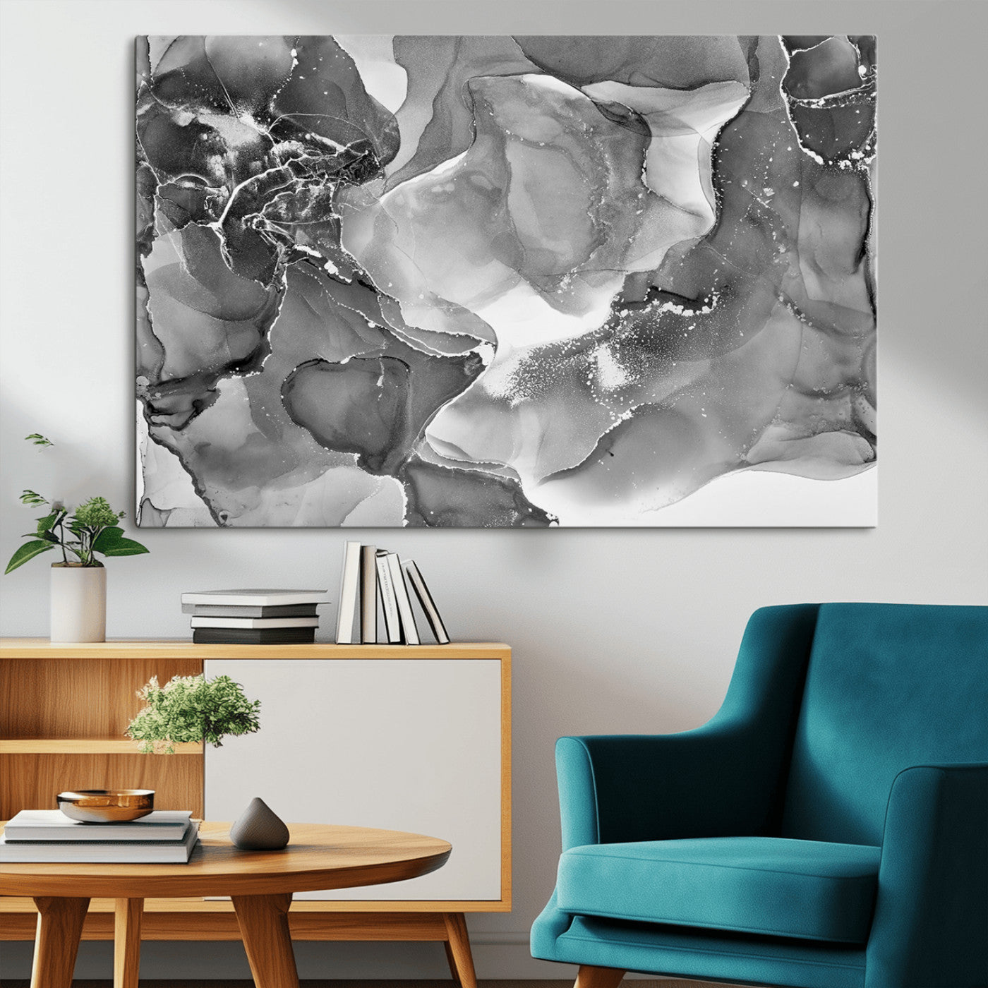 15911-MGV-CV-36X24-Black and White Abstract Wall Art – Modern Ink Swirl Canvas Print, Minimalist Contemporary Painting for Living Room, Bedroom,