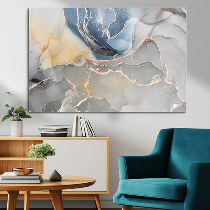 18176-MGV-CV-36X24-Abstract Fluid Wall Art – Modern Marble Ink Canvas Print with Blue, Gold, and Gray Tones, Contemporary Minimal Artwork Decor for