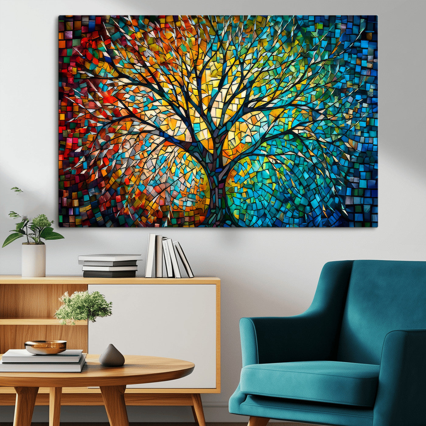 99325-MGV-CV-36X24-Tree of Life Wall Art – Vibrant Stained Glass Style Mosaic Canvas Print, Colorful Abstract Nature Artwork for Living Room,