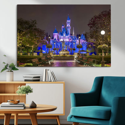 63560-MGV-CV-36X24-Fairy Tale Castle Wall Art – Magical Night Scene Canvas Print with Lights and Gardens, Fantasy Architecture Artwork for Living