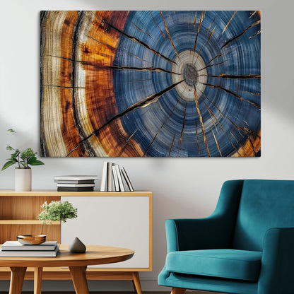 10583-MGV-CV-36X24-Tree Ring Wall Art – Abstract Wood Grain Canvas Print with Blue and Brown Tones, Nature Inspired Rustic Artwork for Living Room,