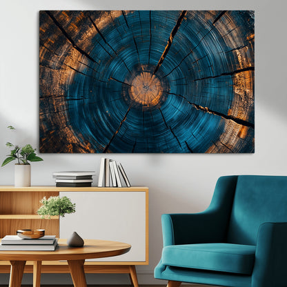 13398-MGV-CV-36X24-Tree Ring Wall Art – Abstract Wood Grain Canvas Print with Blue and Orange Accents, Rustic Nature Inspired Artwork for Living