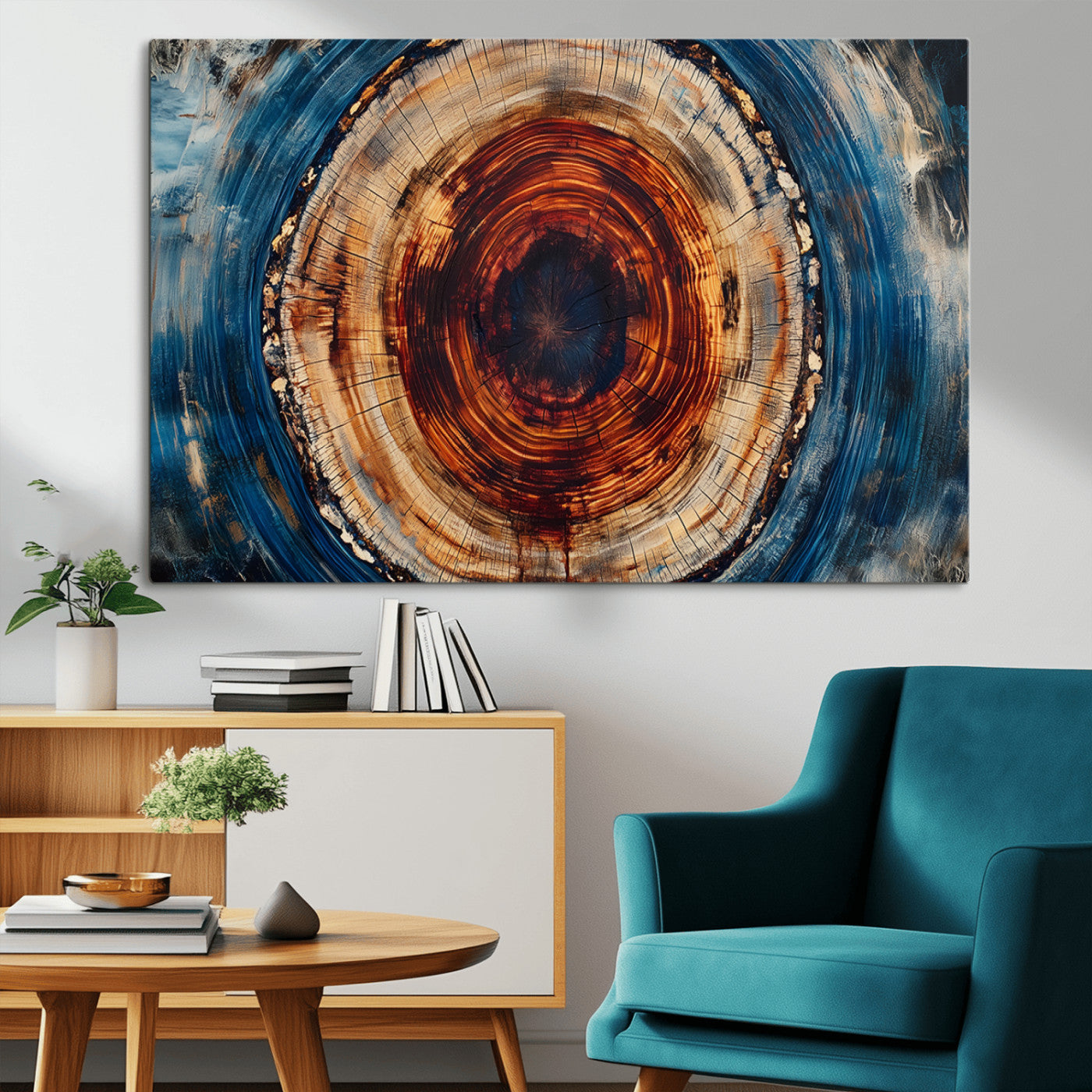 90395-MGV-CV-36X24-Tree Ring Wall Art – Abstract Wood Grain Canvas Print with Fiery Red and Blue Tones, Bold Rustic Nature Inspired Artwork Decor for