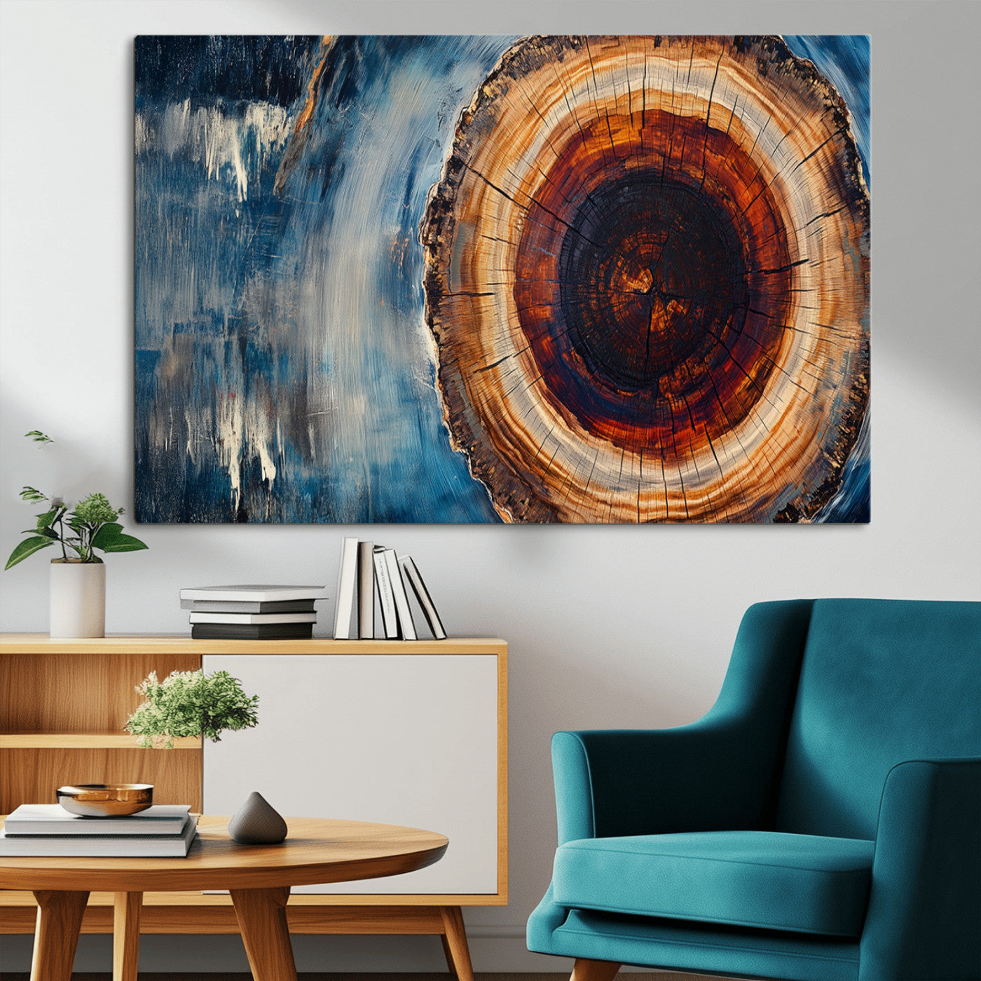 48045-MGV-CV-36X24-Tree Ring Abstract Wall Art – Rustic Wood Grain Canvas Print with Brown Center and Blue Brush Strokes, Nature Inspired Artwork for