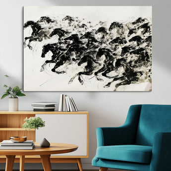 23069-MGV-CV-36X24-Galloping Horses Wall Art – Black Ink Painting on Canvas, Dynamic Equestrian Artwork with Running Stallions, Expressive Modern