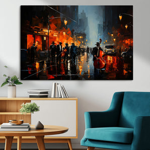 32816-MGV-CV-36X24-City Jazz Night Wall Art – Modern Abstract Urban Street Scene Canvas Print, Moody Music-Themed Decor for Living Room, Office, or
