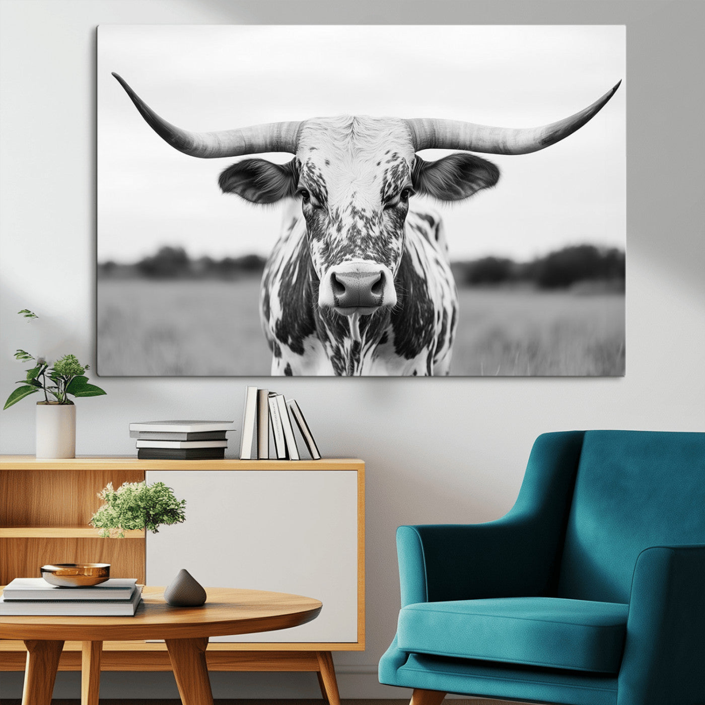 20272-MGV-CV-36X24-Texas Longhorn Wall Art – Black and White Cowboy Western Canvas Print, Rustic Farmhouse Cattle Photography Decor for Ranch, Barn