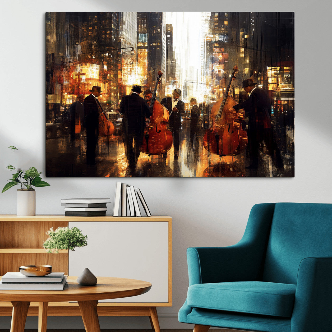 58782-MGV-CV-36X24-Jazz Musicians Cityscape Wall Art – Vibrant Urban Night Canvas Print, Elegant Music Themed Decor for Living Room, Office, or Music