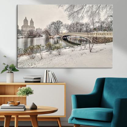 60292-MGV-CV-36X24-Central Park Winter Wall Art – Snowy Bow Bridge Canvas Print, Scenic New York City Landscape Photography for Living Room, Bedroom
