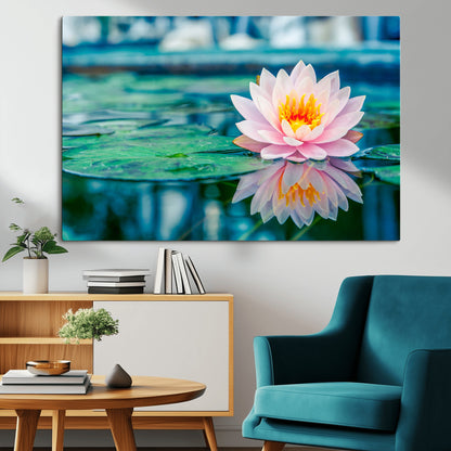 65933-MGV-CV-36X24-Pink Water Lily Wall Art – Lotus Flower Canvas Print with Reflection on Calm Water, Peaceful Botanical Artwork for Living Room,