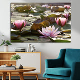 72218-MGV-CV-36X24-Water Lily Pond Wall Art – Pink Lotus Flowers Canvas Print with Green Lily Pads, Peaceful Botanical Artwork for Living Room,