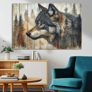 91882-MGV-CV-36X24-Wolf Wall Art – Rustic Canvas Print of Forest Wolf on Wood Background, Wildlife Lodge Artwork for Living Room, Bedroom, Cabin, or