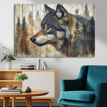 91882-MGV-CV-36X24-Wolf Wall Art – Rustic Canvas Print of Forest Wolf on Wood Background, Wildlife Lodge Artwork for Living Room, Bedroom, Cabin, or