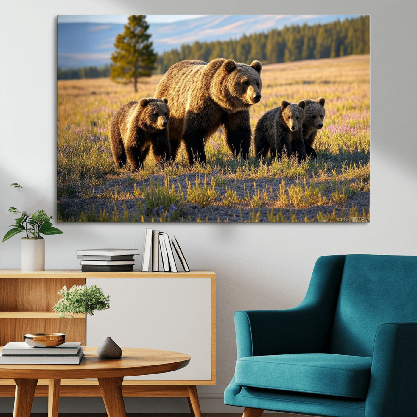 43400-MGV-CV-36X24-Bear Family Wall Art – Wildlife Canvas Print of Mother Bear with Cubs in Sunlit Meadow, Rustic Animal Artwork for Living Room,