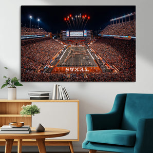 58778-MGV-CV-36X24-Texas Longhorns Stadium Wall Art – Panoramic Football Canvas Print with Game Day Crowd, Fireworks, Sports Artwork for Office or
