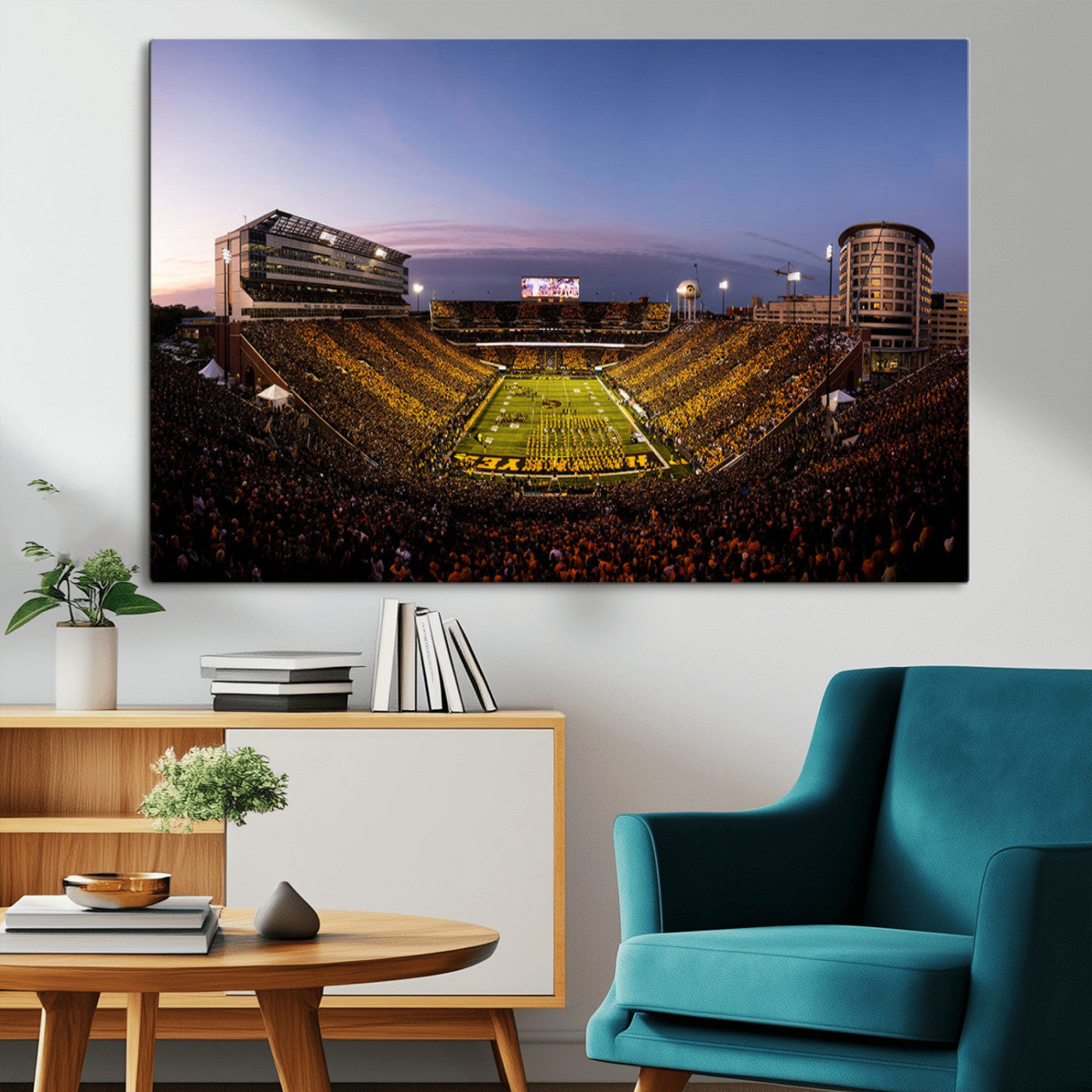 82557-MGV-CV-36X24-College Football Stadium Wall Art – Panoramic Sunset Canvas Print with Marching Band and Game Day Crowd, Sports Artwork for Man