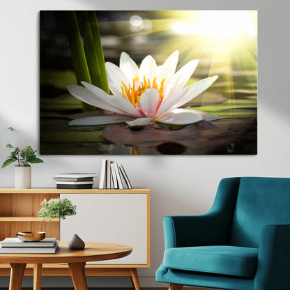 60352-MGV-CV-36X24-White Water Lily Wall Art – Lotus Flower Canvas Print with Sunlight Reflection, Peaceful Botanical Artwork for Living Room,