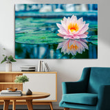30320-MGV-CV-36X24-Pink Water Lily Wall Art – Lotus Flower Canvas Print with Reflection Water, Peaceful Botanical Artwork for Living Room, Bedroom,
