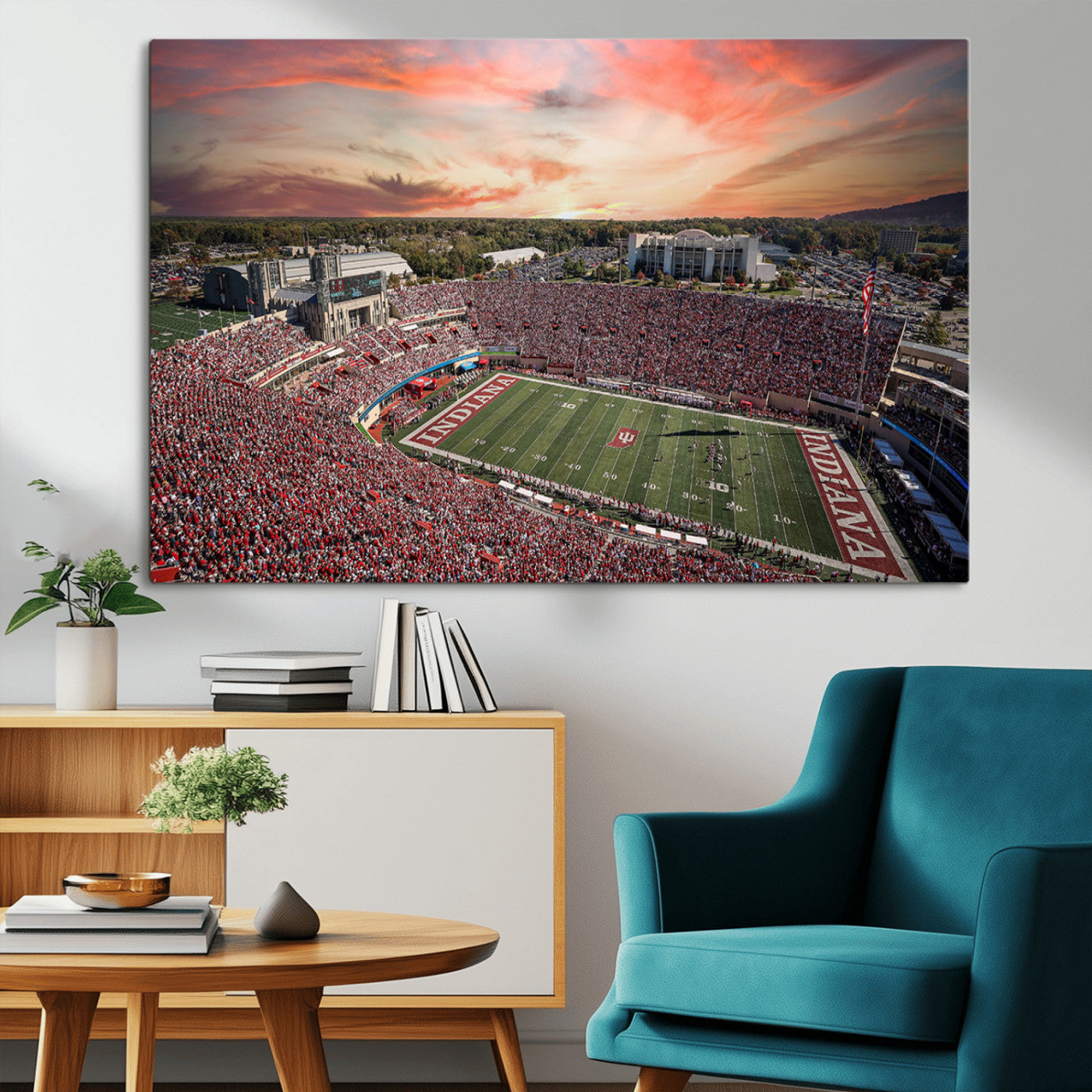 51135-MGV-CV-36X24-Indiana Hoosiers Stadium Wall Art – Panoramic Football Canvas Print with Game Day Crowd and Sunset Sky, Sports Artwork for Man